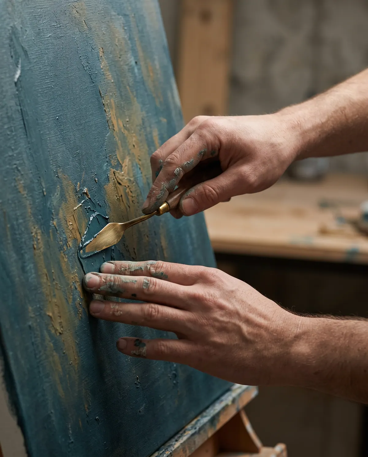 Primo piano di due mani che lavorano il colore su una tela