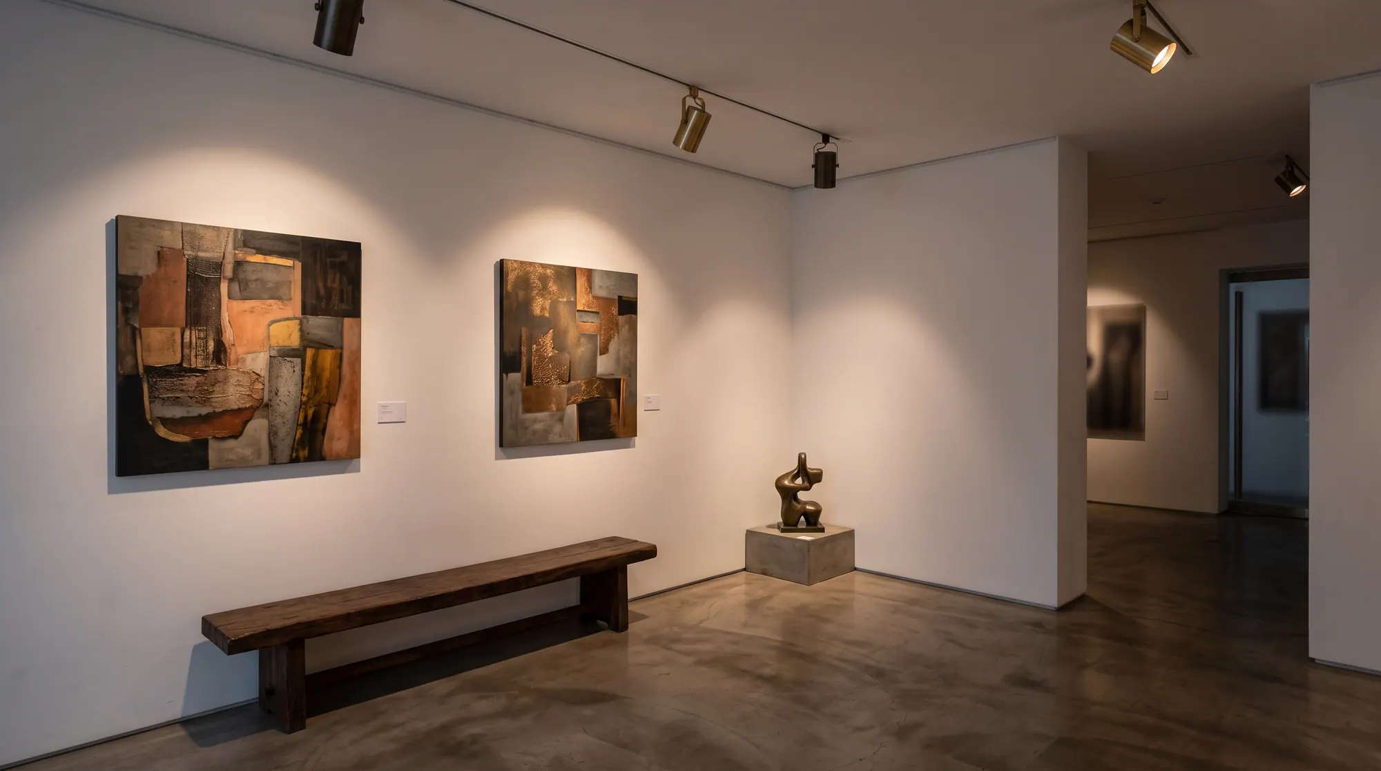 Interno di galleria con opere astratte e una scultura in bronzo