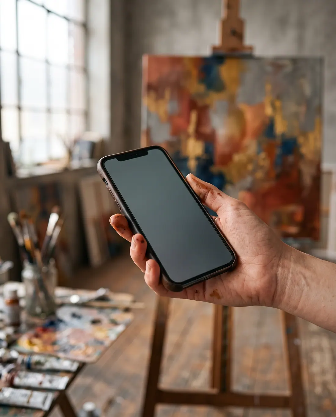 Una mano con tracce di colore tiene uno smartphone, sullo sfondo una tela sul cavalletto