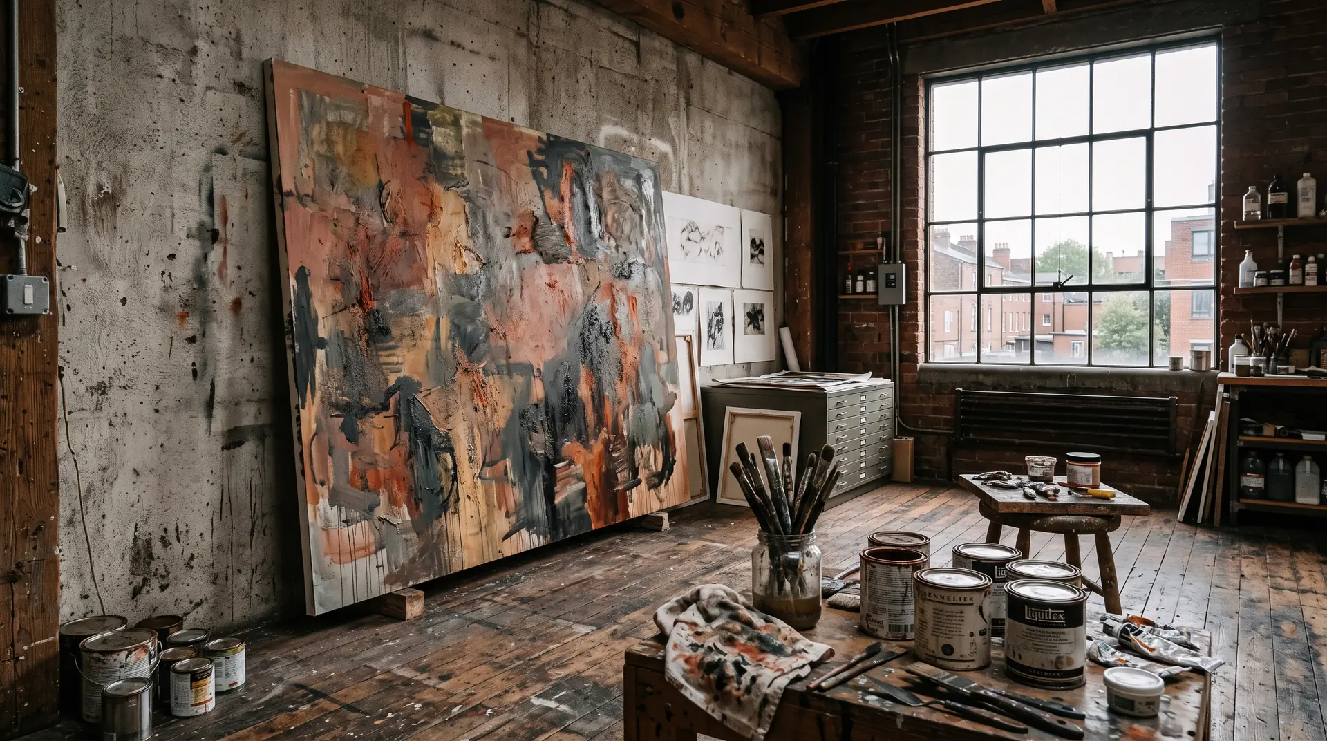 Studio ampio con una grande tela astratta appoggiata al muro, barattoli di colore e una finestra industriale