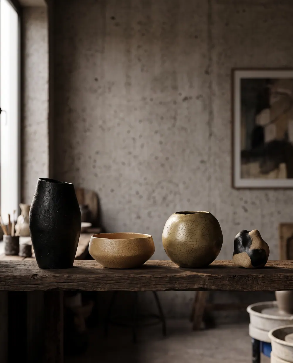 Pezzi di ceramica allineati su una mensola di legno
